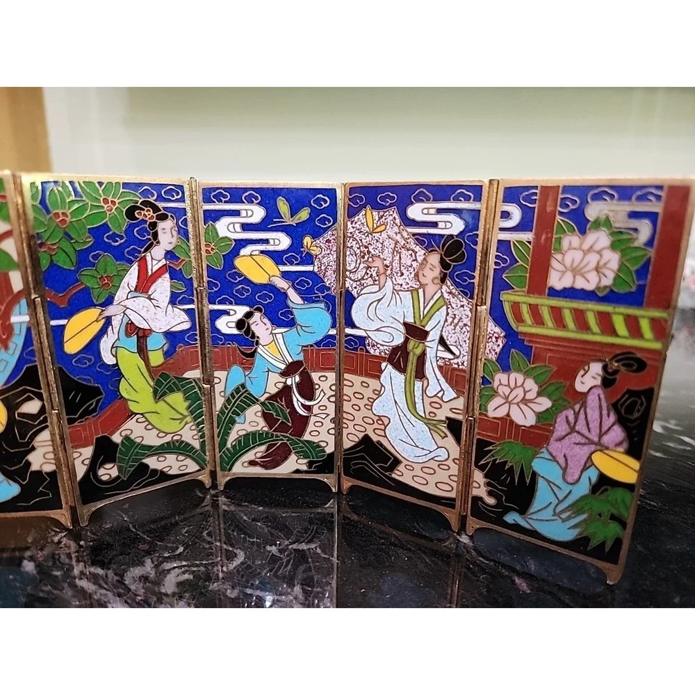 Rare Vintage Miniature 6 panel Cloisonne Enamel Screen with brass‎